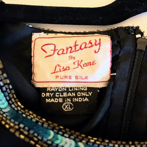 Fantasy by Lisa Kane Vintage XL Silk Beaded Top Black Blue Sequin Floral Beaded - Picture 2 of 16